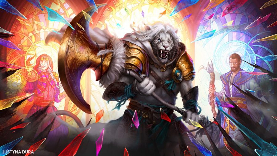 magic the gathering dominaria united: the lion planeswalker ajani charging forward into battle, with stained glass drawings of Jaya and Teferi behind him.