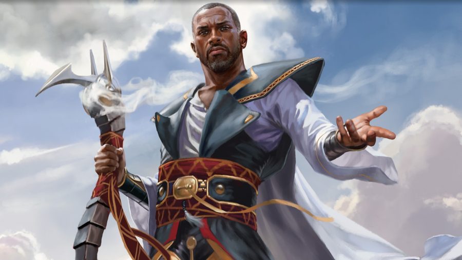 MTG Dominaria United - the planeswalker Teferi holding a staff on a sunny day.