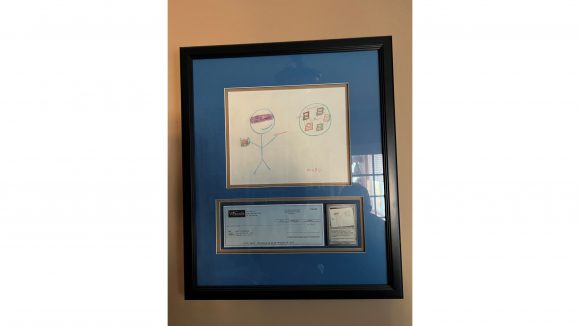 Magic The Gathering Mark Rosewater Artist - a framed crude drawing with a check beneath it.
