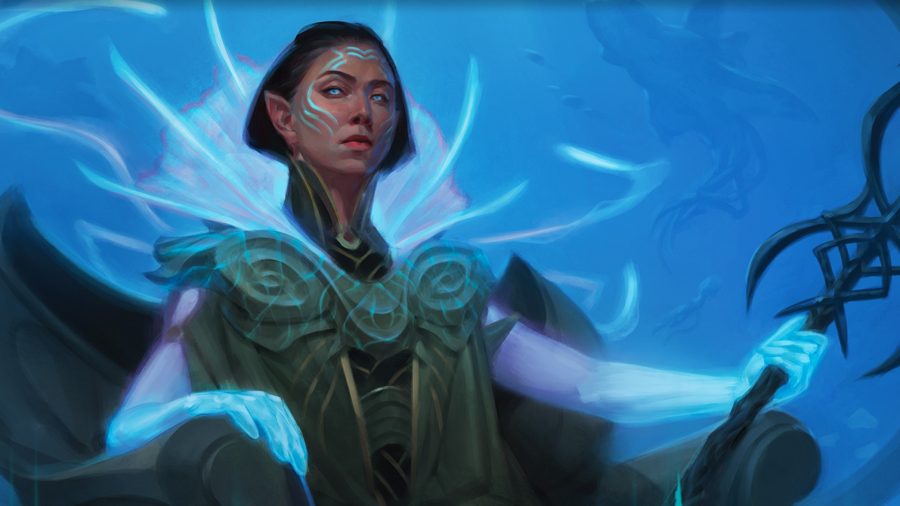 Magic the Gathering Ravnica: A woman with blue tentacles surrounding her, on a throne, holding a trident.