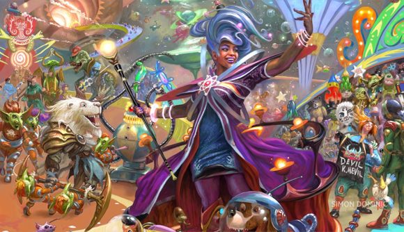 Magic the Gathering Unfinity - a chaotic sci-fi fairground scene. In the centre of the scene is a robed woman with blue hair.