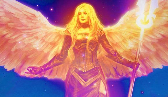 MTG Arena - Angel Avacyn posing with outstretched arms and wings, and holding a glowing golden trident