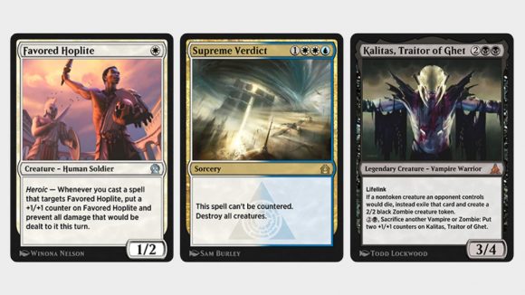 MTG Arena Explorer anthology cards spoilers (from left to right: Favoured Hoplite; Supreme Verdict; and Kalitas, Traitor of Ghet