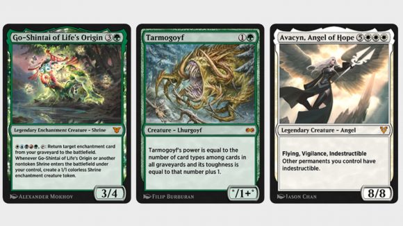 MTG Arena Historic Anthology Six spoilers (from left to right): Go-Shintai of Life's Origin; Tarmogoyf; and Avacyn, Angel of Hope