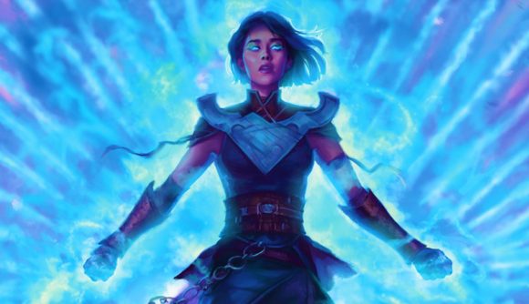 MTG counterspell card art showing a young woman with short black hair and a metal breastplate surrounded by neon blue light