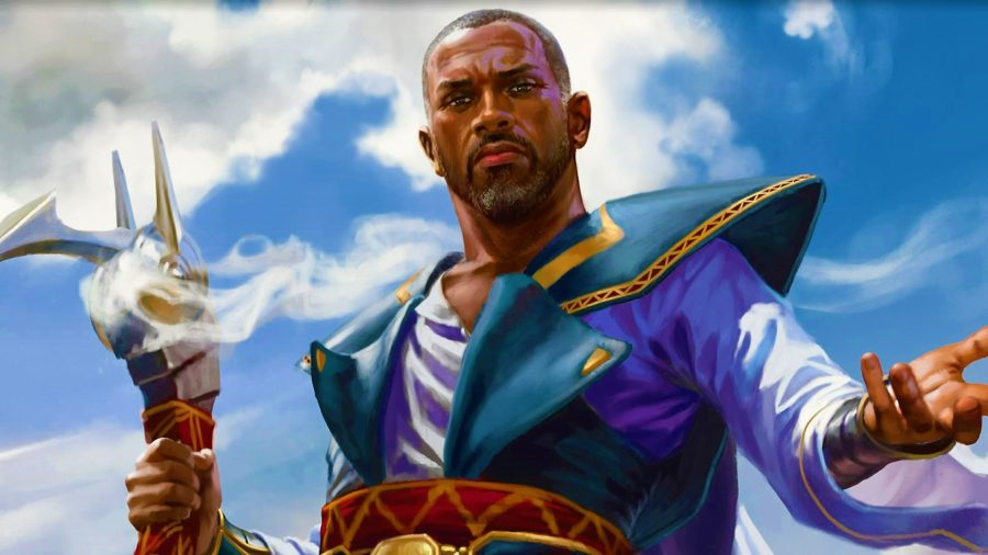 MTG Flash - card art of Teferi, Hero of Dominara, showing a bald black man in mage's clothes reaching out with one hand towards the viewer and holding a staff in the other