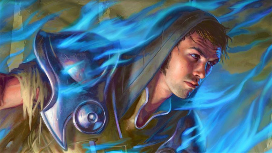 MTG Flash - card art for Venser, Shaper Savant, showing a young white man with dark brown hair and a hood cloaked in blue flames