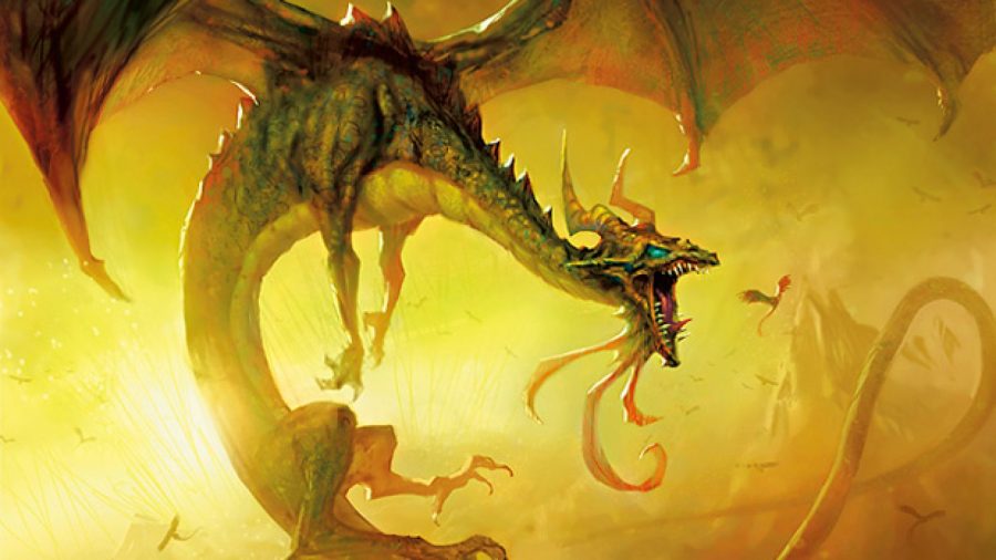 MTG Nicol Bolas, a golden dragon roaring whilst hovering in the air