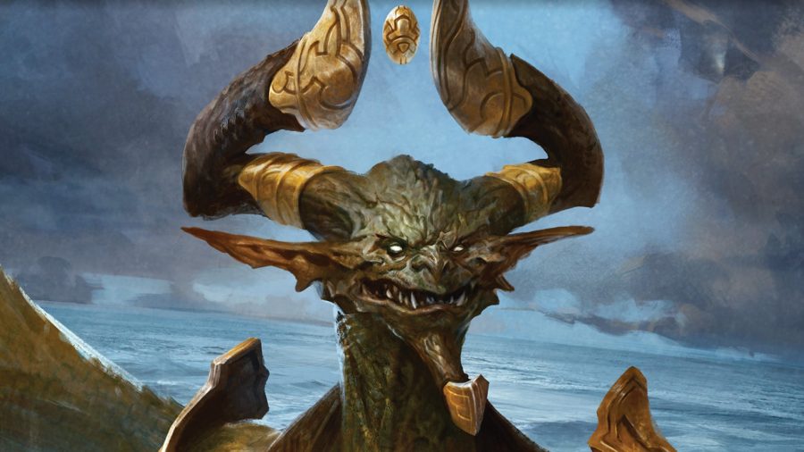 MTG Nicol Bolas, a golden dragon with two large horns seen from the neck up