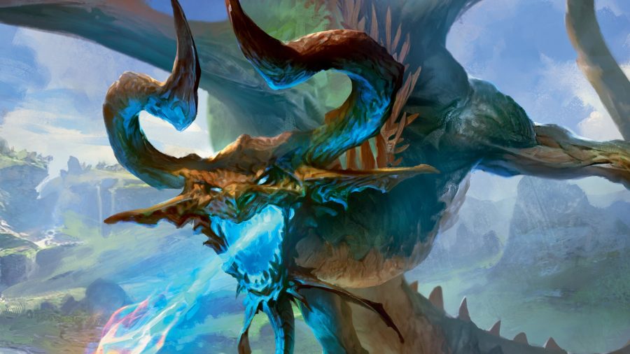 MTG Nicol Bolas, a golden dragon with large horns in flight, shooting blue flame from his mouth