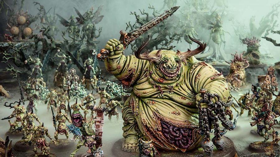 Warhammer 40k Nurgle guide - Games Workshop photo showing a nurgle daemons army led by a great unclean one