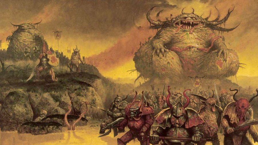 Warhammer 40k Nurgle guide - Games Workshop artwork showing Papa Nurgle in the Garden of Nurgle with an army of daemons