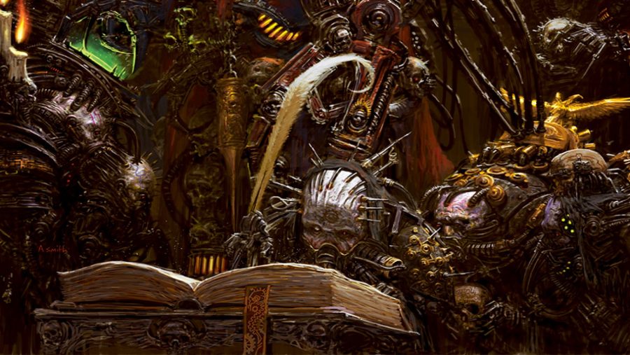 Warhammer 40k wiki: grimdark artwork of a figure reading a book.