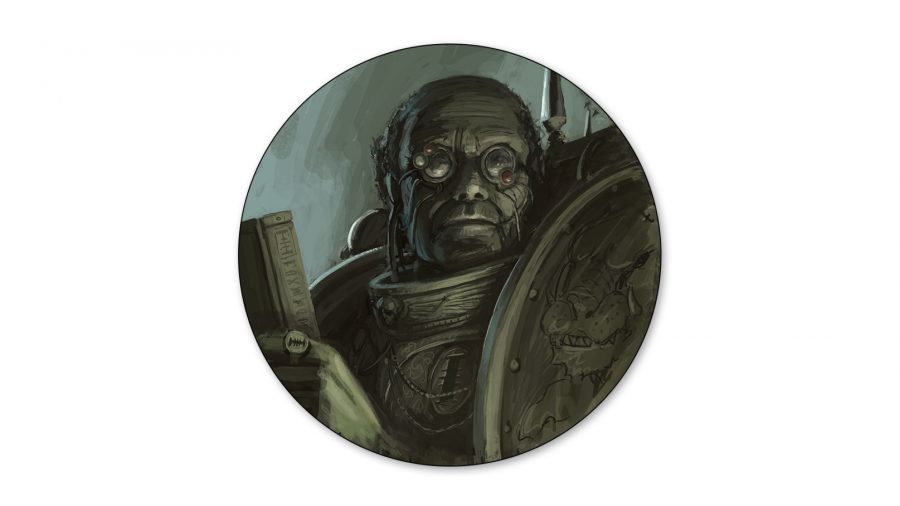 Warhammer 40k wiki: Artwork of a man with glasses reading a book.