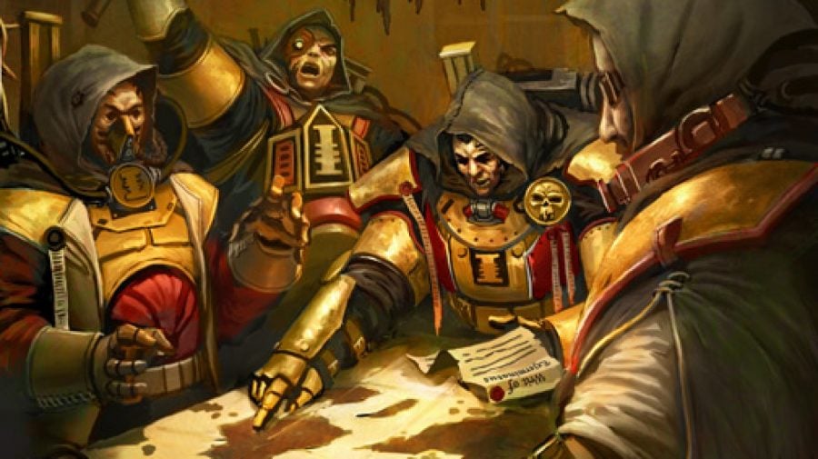 Warhammer 40k wiki: A group of marines gathered round a meeting table.