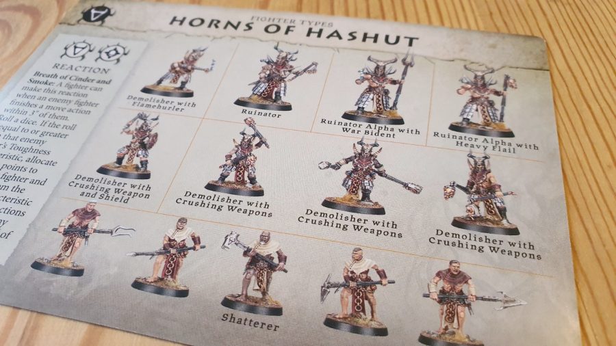 Warhammer Age of Sigmar Warcry: Heart of Ghur review - author photo showing the warband details card for the Horns of Hashut