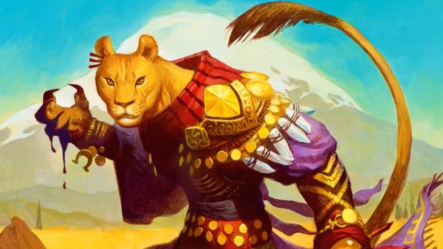Mane-less DnD Leonin 5e wearing red and purple robes adorned with gold embellishments, standing in front of a mountain