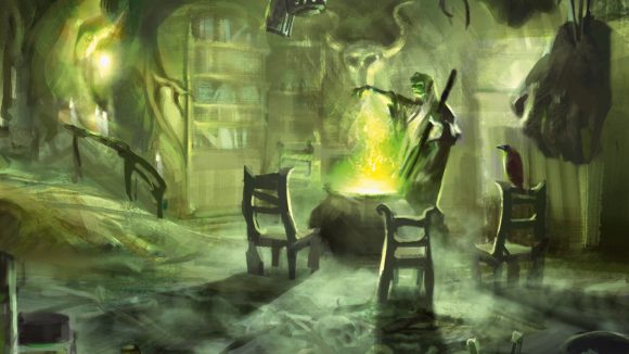 DnD Lich classes homebrew - a withered spellcaster stands over a cauldron full of green flame that casts a green hue over the cave study they're in