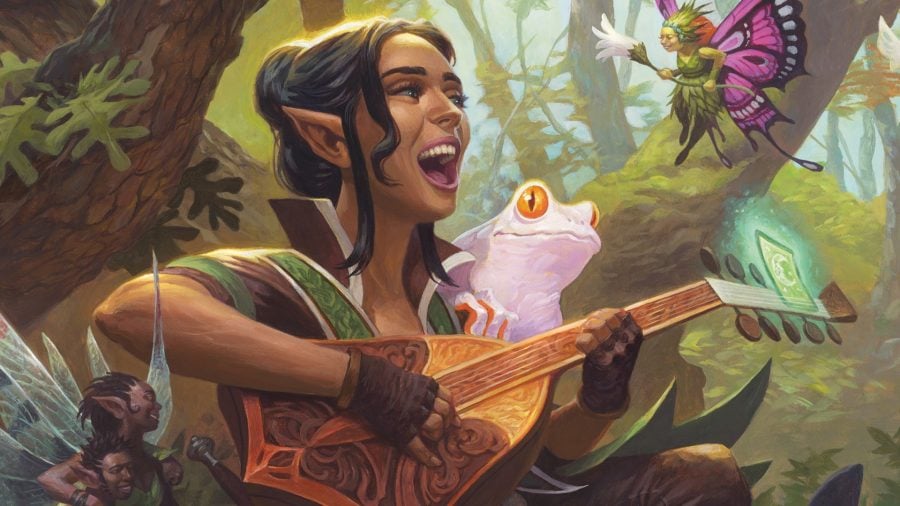 DnD Prestidigitation 5e - an elf plays a lute to fairies and a magical pink frog in the forest