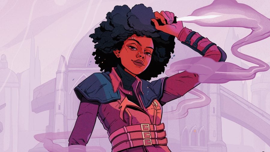 DnD Prestidigitation 5e - a woman with an afro in leather armour holds up a dagger surrounded by purple smoke
