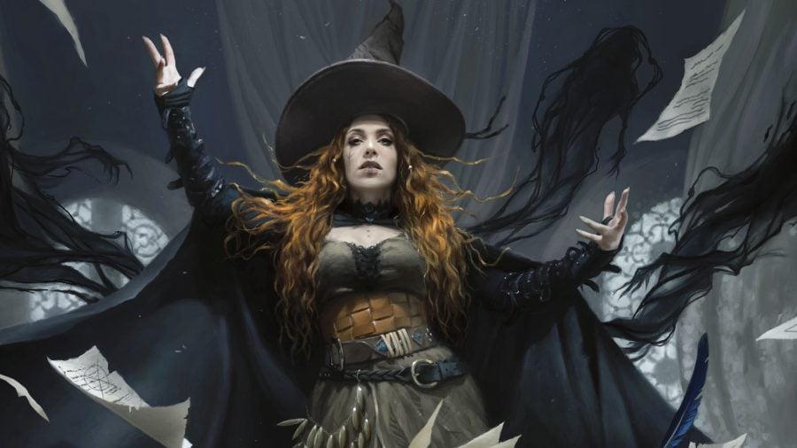 DnD Prestidigitation 5e - the witch Tasha casts magic from an open spellbook