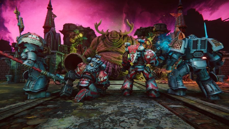 Games like XCOM - A squadron of grey knights squaring up against a Great Unclean One.