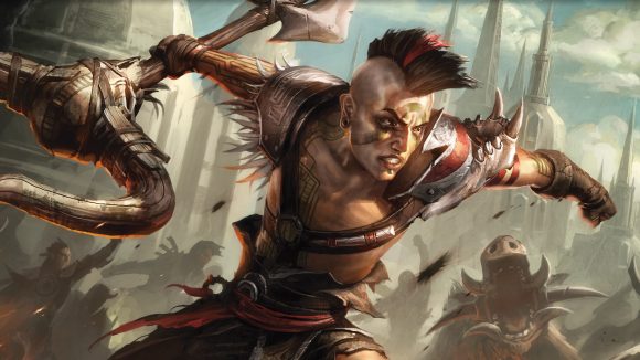 magic the gathering 2023 - a young man with a mohawk clutching a staff. 