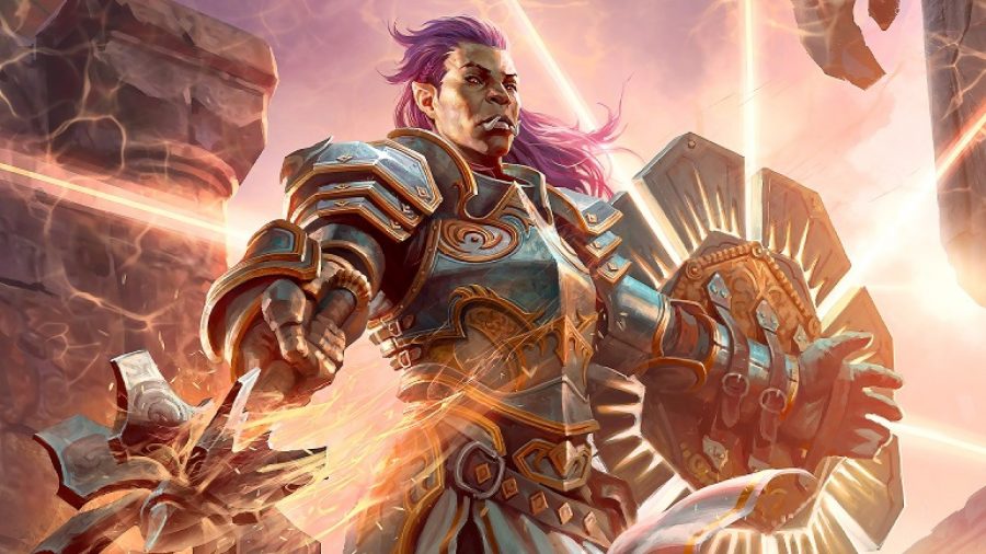 MTG Alchemy - an orc paladin holding a shield that radiates spears of white light.