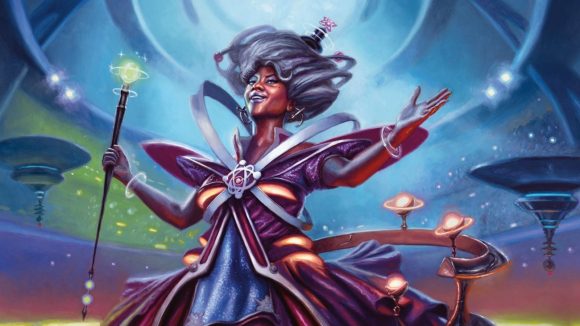 MTG head designer stickers response - a woman in space-themed robes