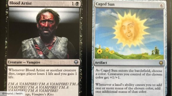 MTG Nicolas Cage deck cards, Blood Artist and Caged Sun