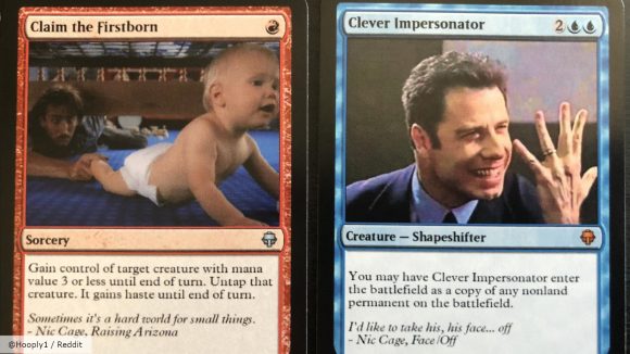 MTG Nicolas Cage deck cards, Claim the Firstborn and Clever Impersonator