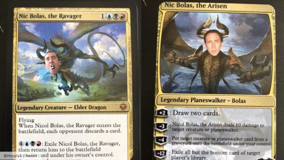 MTG Nicolas Cage deck card, Nicol Bolas, the Ravager, with Cage's face photoshopped onto art of a dragon on both sides