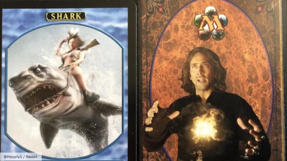MTG Nicolas Cage deck cards, Shark token and Nicolas cage on the back of a MTG card